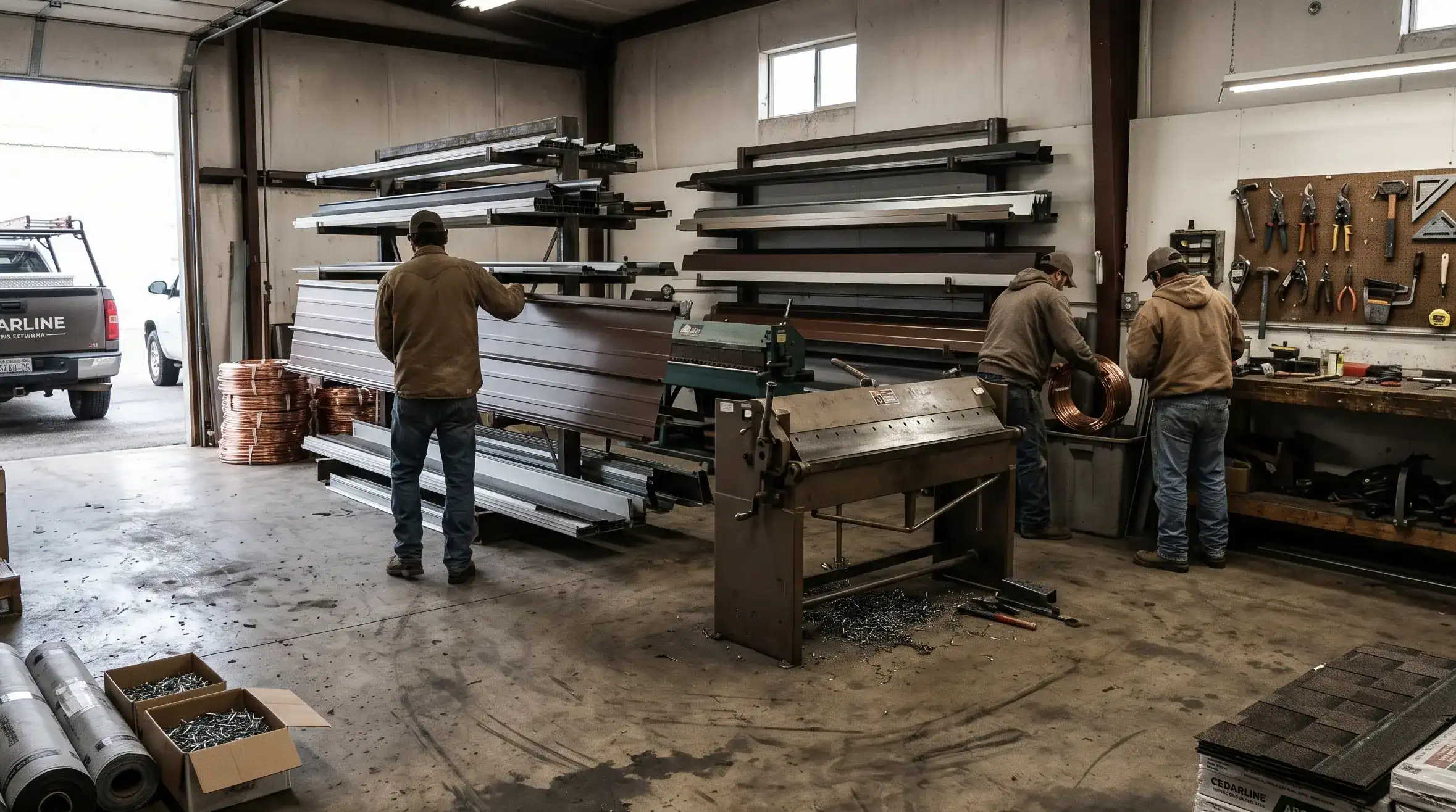 Cedarline's operational atmosphere — workshop interior with stacked materials and roofing equipment, photographed in muted natural light.