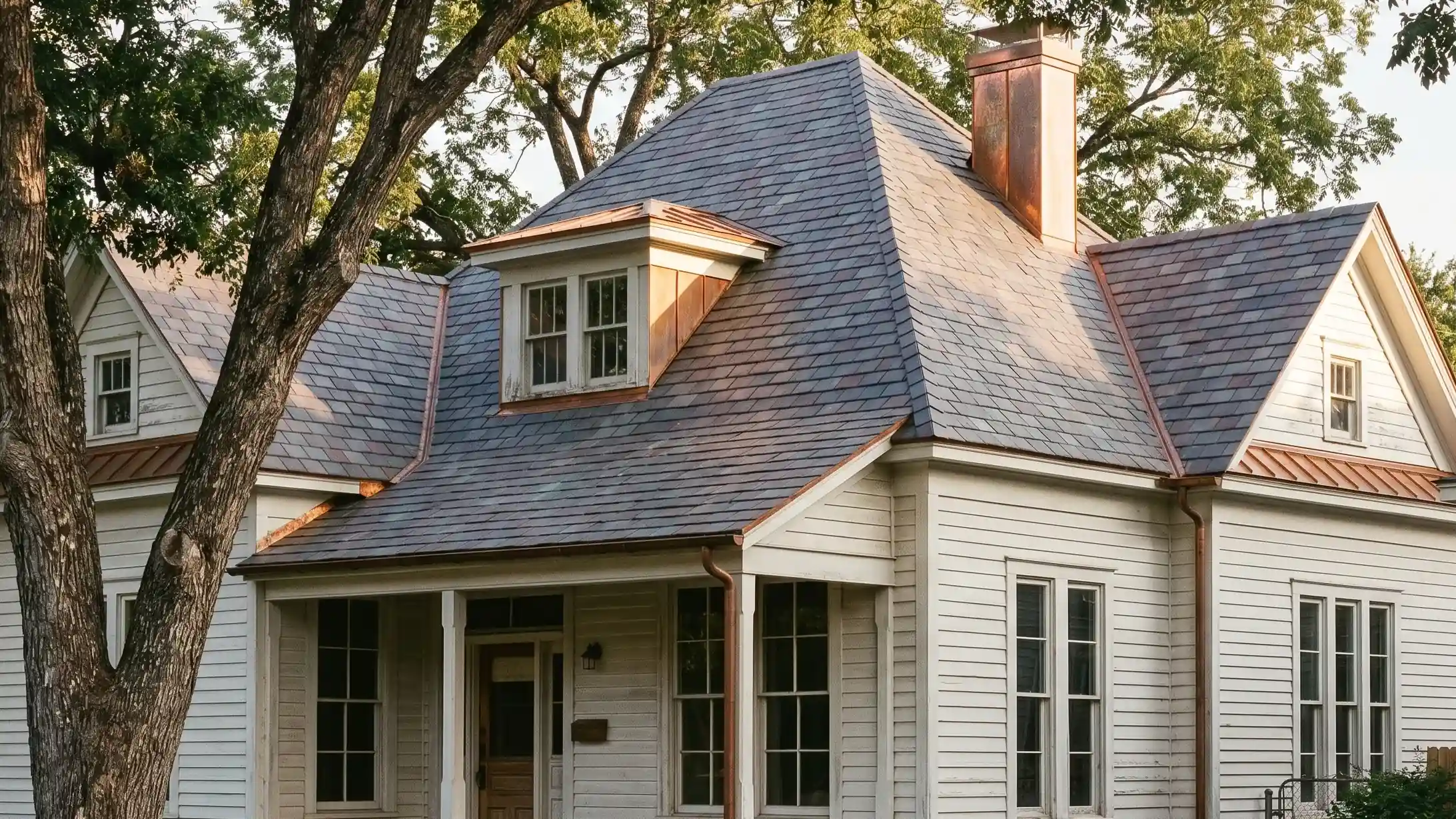 1920s Boerne home mid-restoration. Matched Vermont slate on the south slope, original slate retained on the north slope, freshly installed copper dormer flashing visible at the transitions.