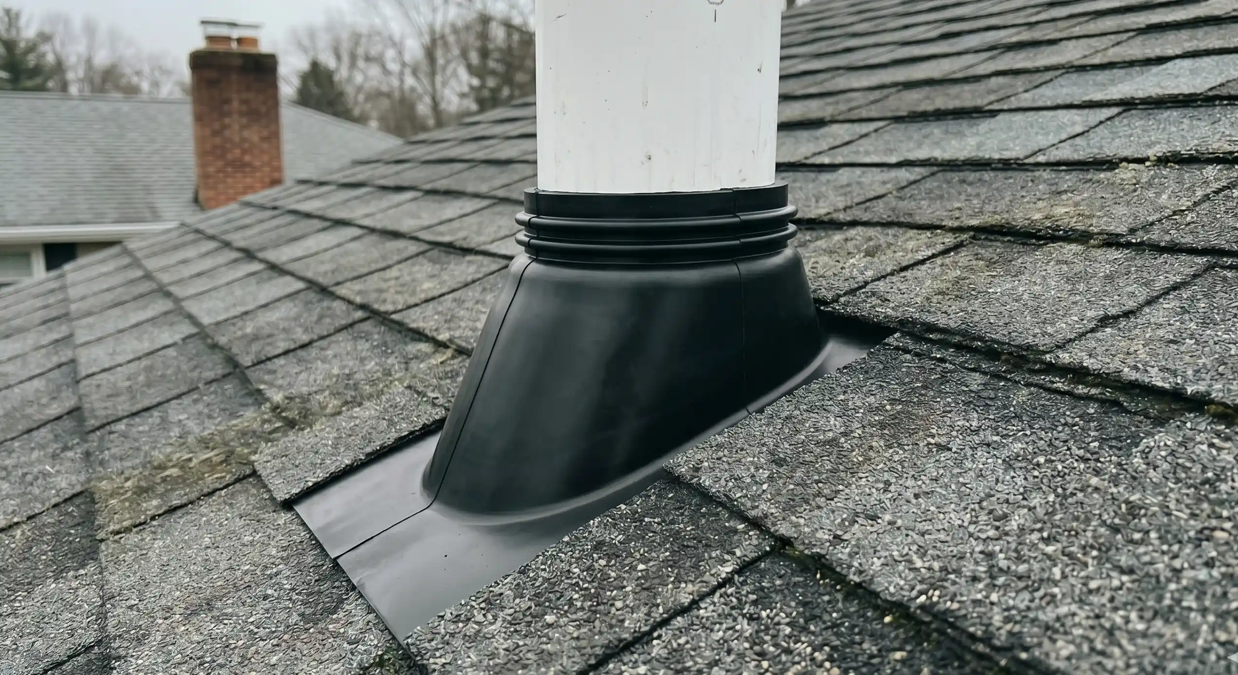 Replaced pipe boot after repair, surrounding shingles repaired