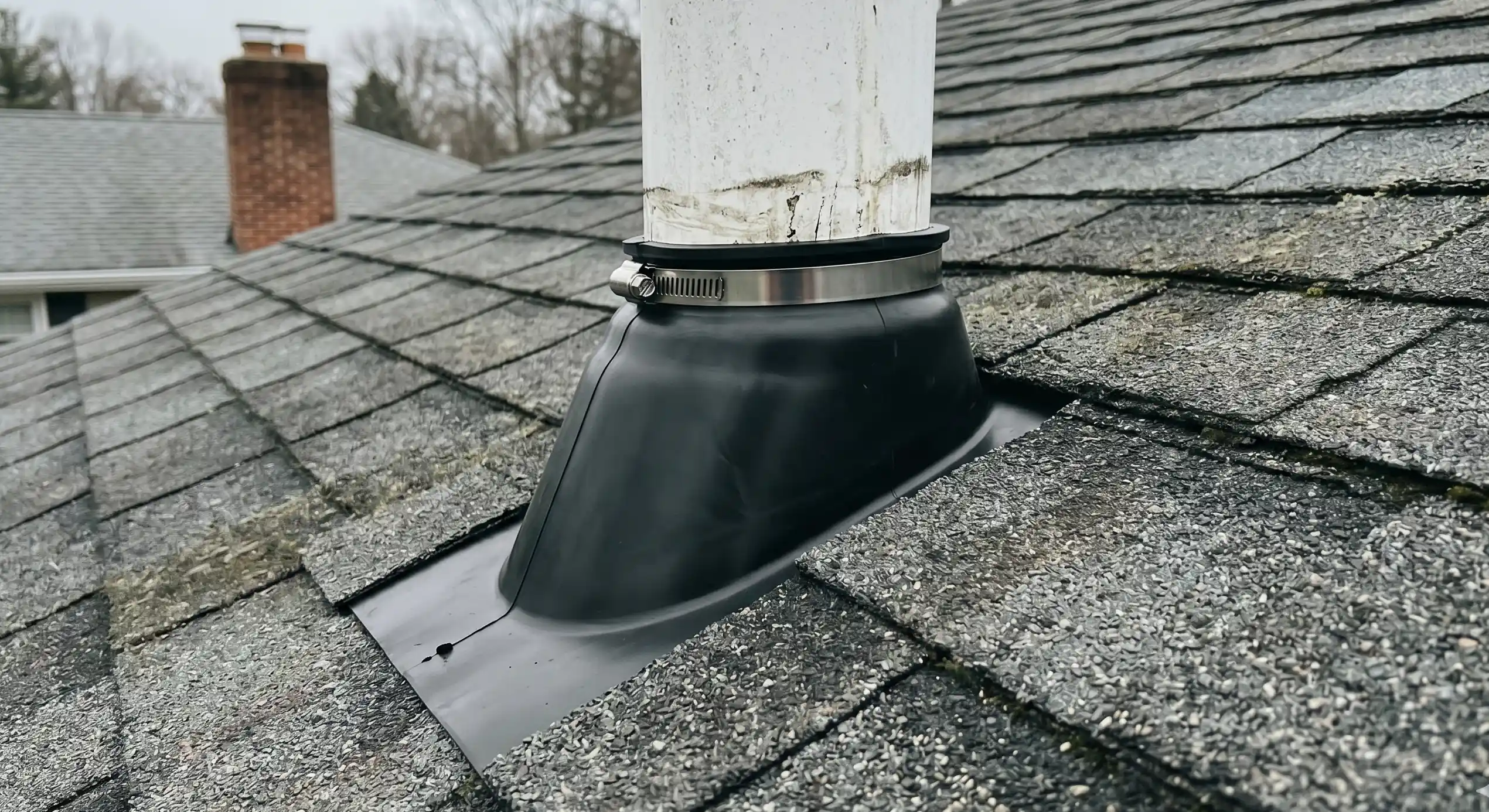Failed pipe boot before repair on an older cape roof