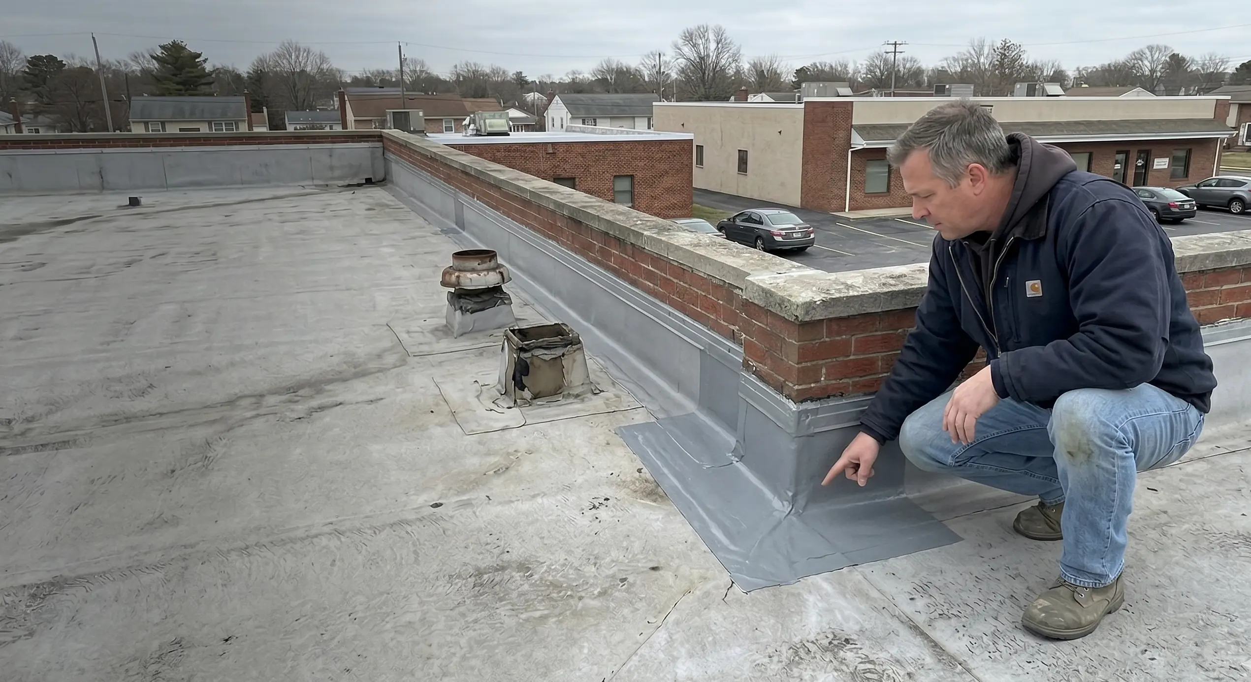 Repaired low-slope roof seams and flashing after work