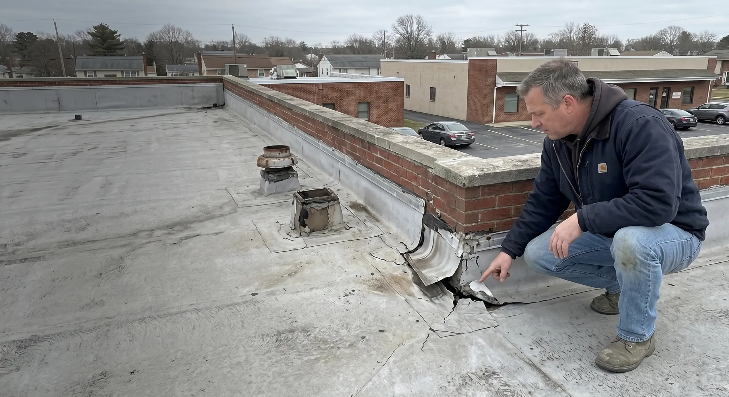 Open seams on a low-slope roof before repair