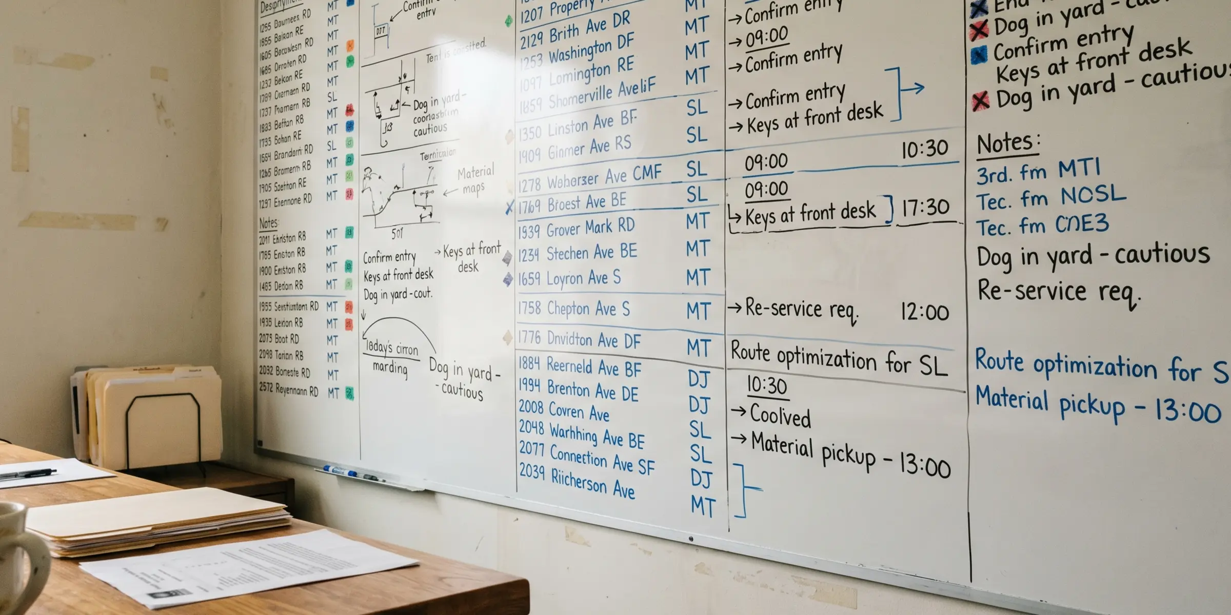 Marshlight's office routing whiteboard, current week visible — handwritten technician routes, property addresses, weekly visit cadence
