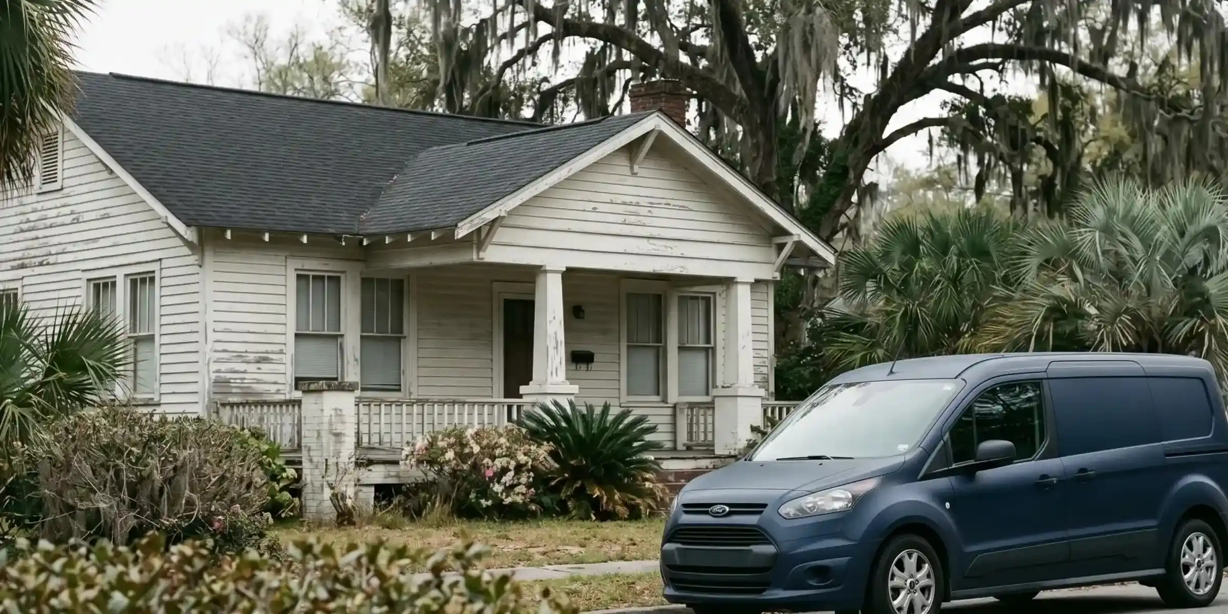Marshlight Transit Connect parked in front of a Charleston craftsman home in late-afternoon Lowcountry light