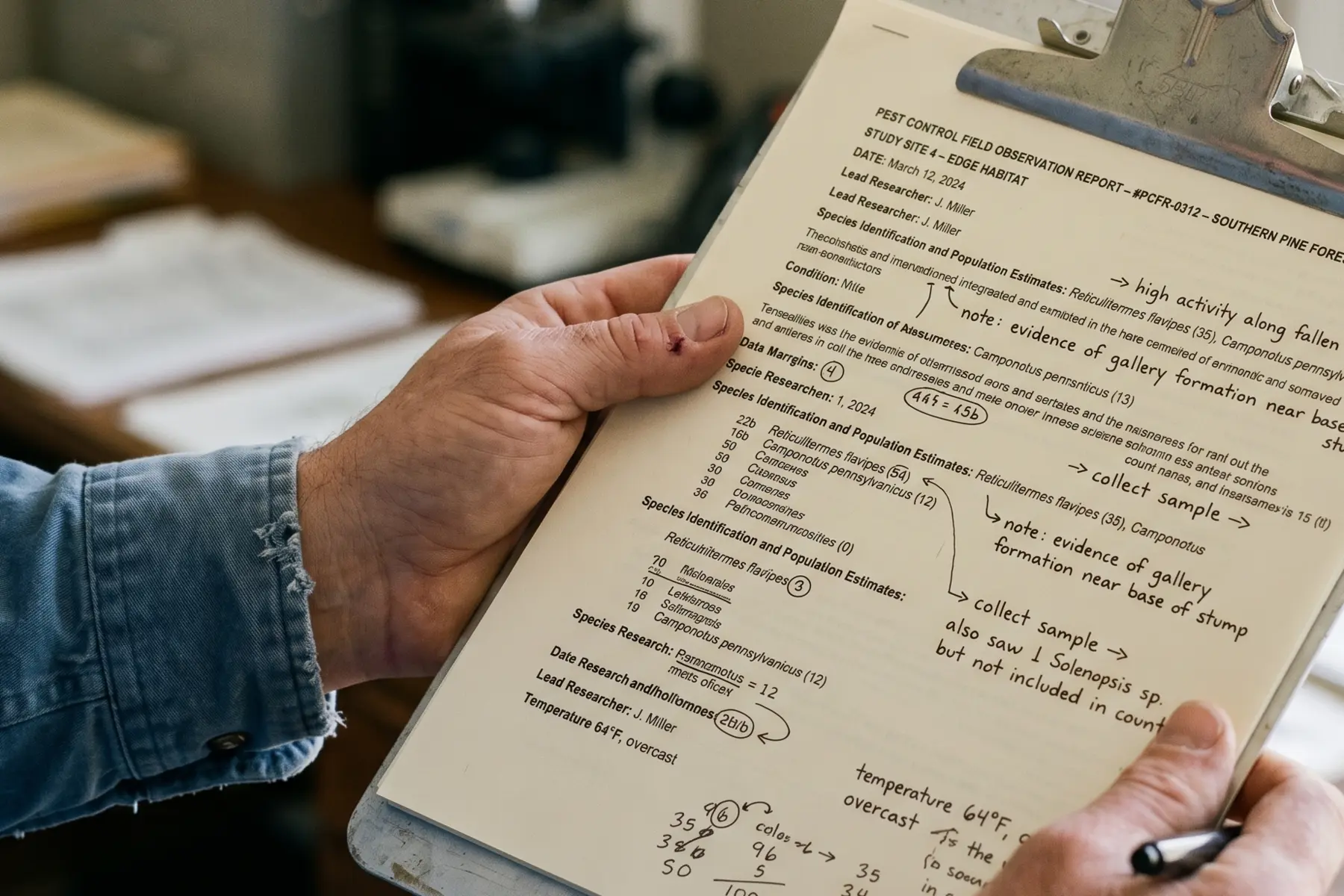 Technician's hands holding a Marshlight field report clipboard at a residential property, handwritten notes visible