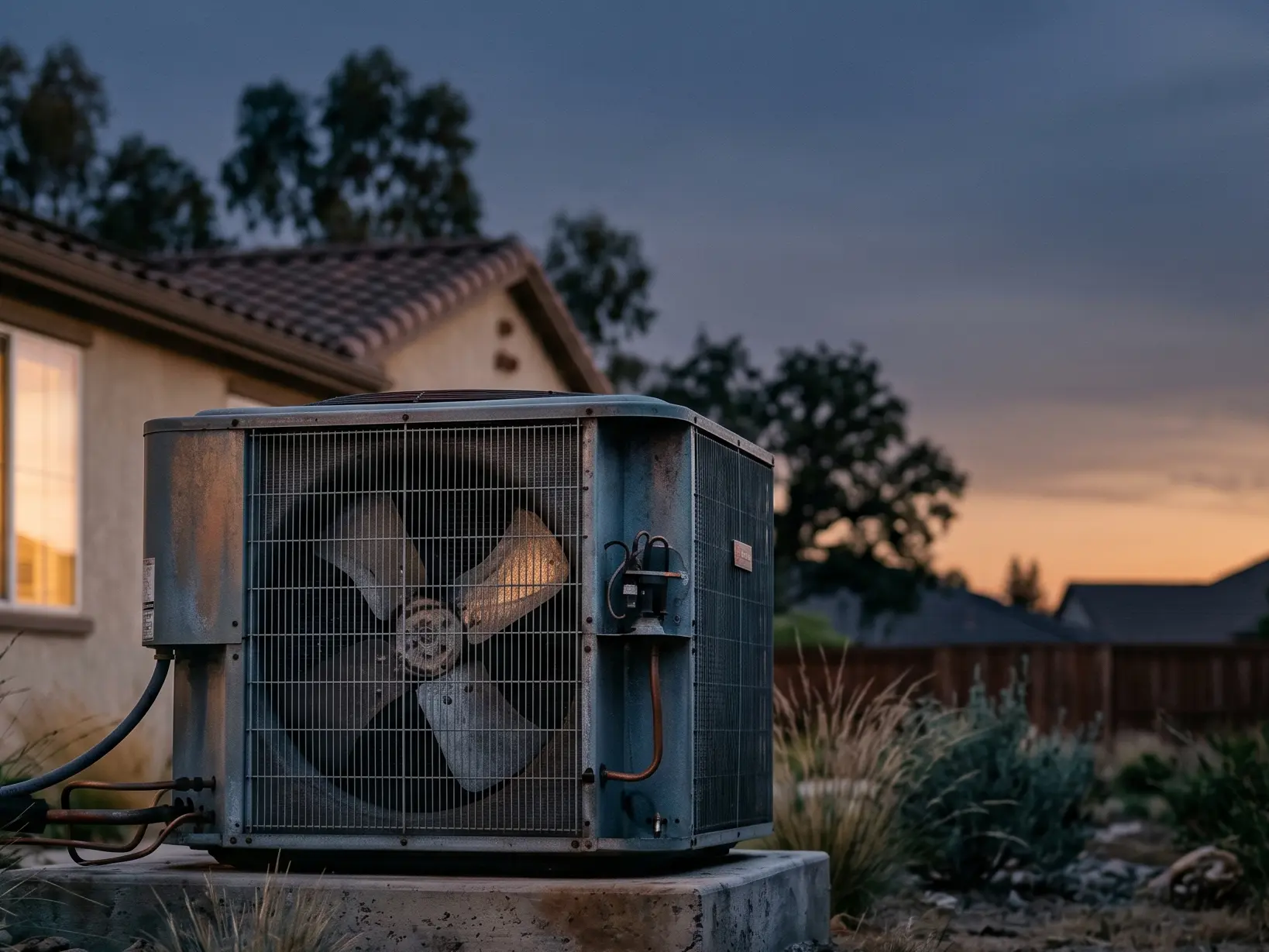 Outdoor HVAC condenser unit at dusk in front of a Sonoma County residential exterior, warm window glow on the left, indigo-slate sky