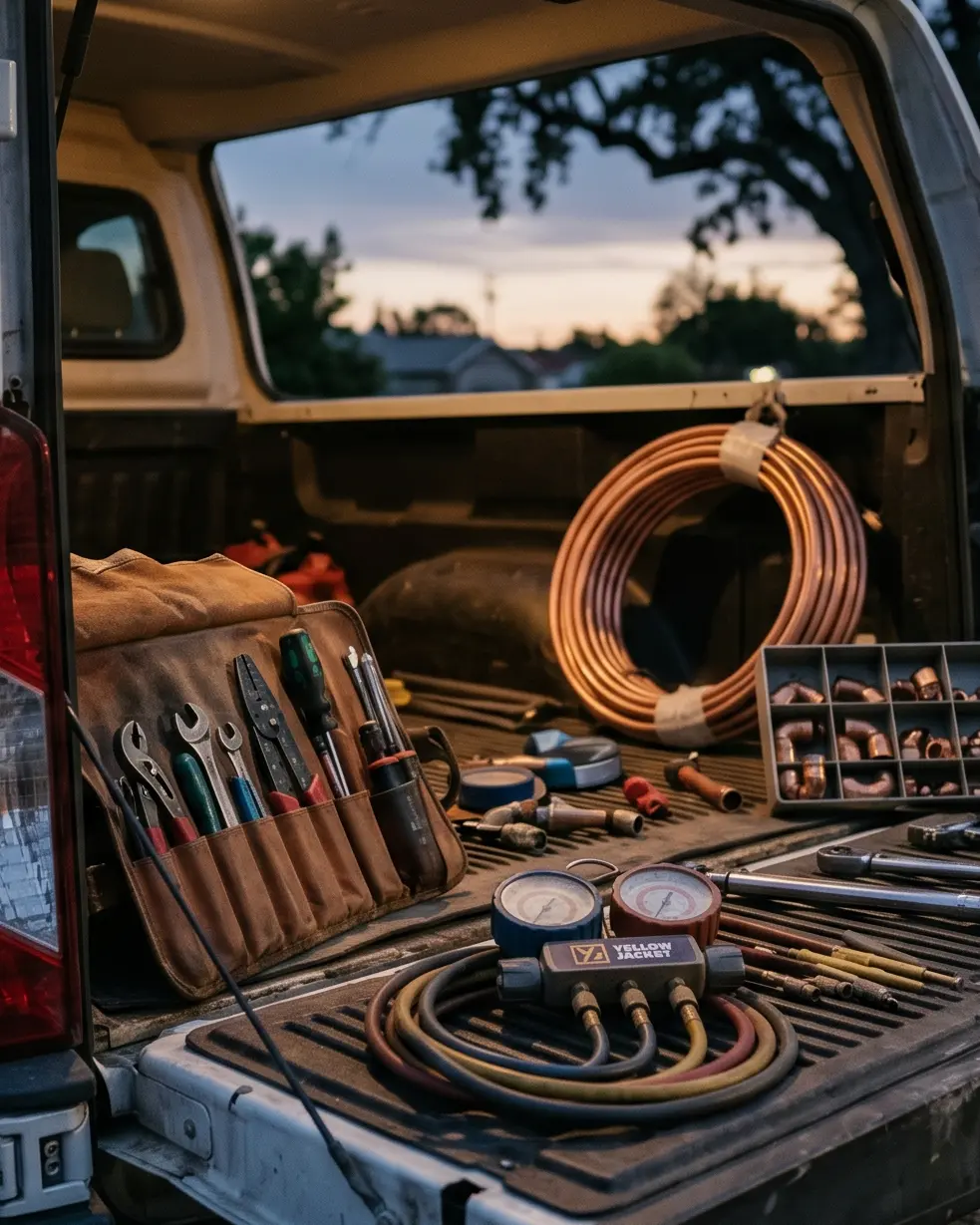 Service truck tailgate at dusk with HVAC tools laid out — manifold gauges, copper line set, tool roll with wrenches and screwdrivers, and a tray of fittings