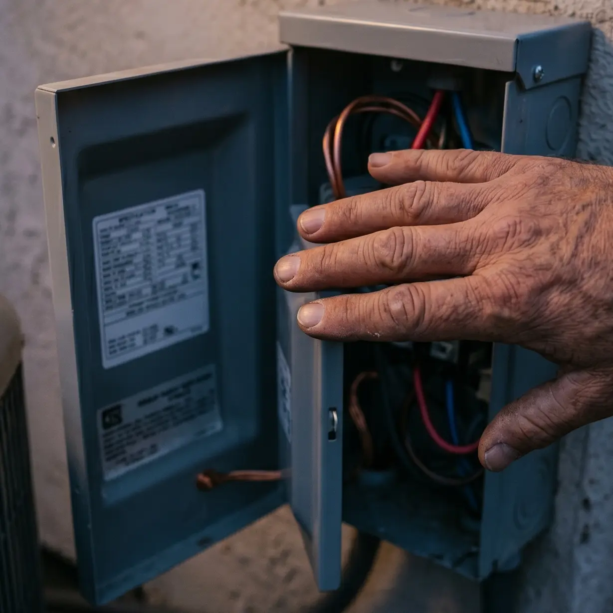Technician's hand on the open electrical disconnect box of a residential HVAC condenser, wiring visible, label plate at left