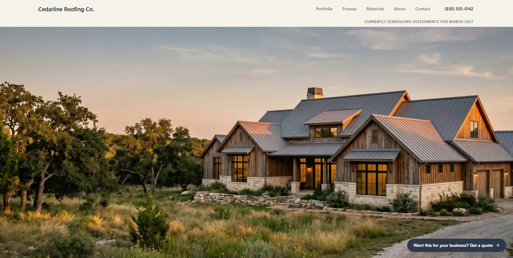 Cedarline Roofing demo homepage showing premium Texas Hill Country roofing positioning