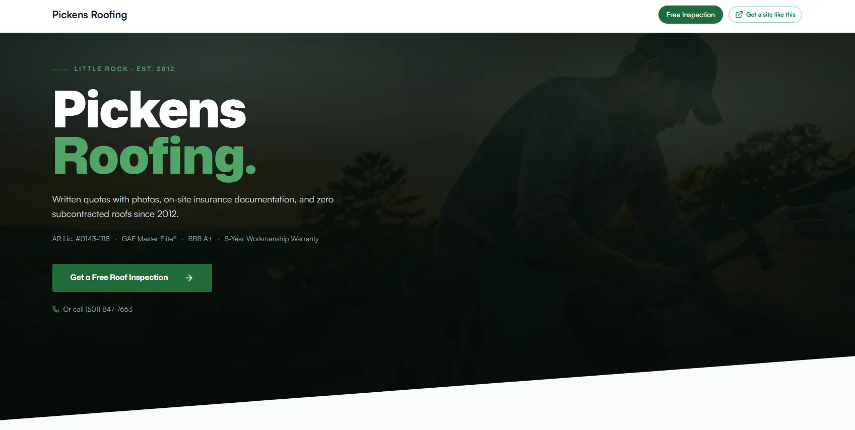 Pickens Roofing demo homepage showing storm damage and insurance claim positioning