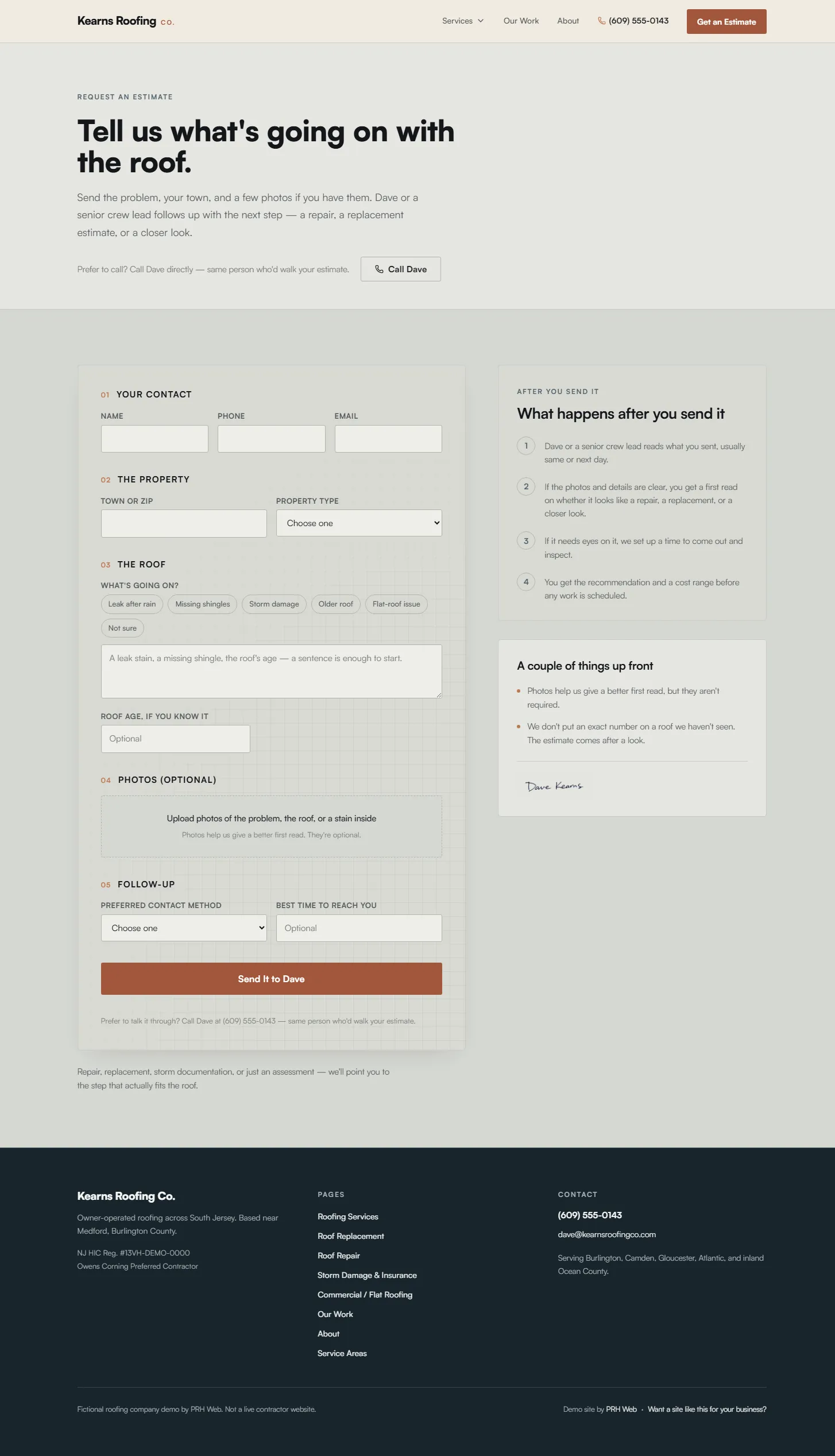 Kearns Request an Estimate page — low-pressure owner-led quote request with clear next steps
