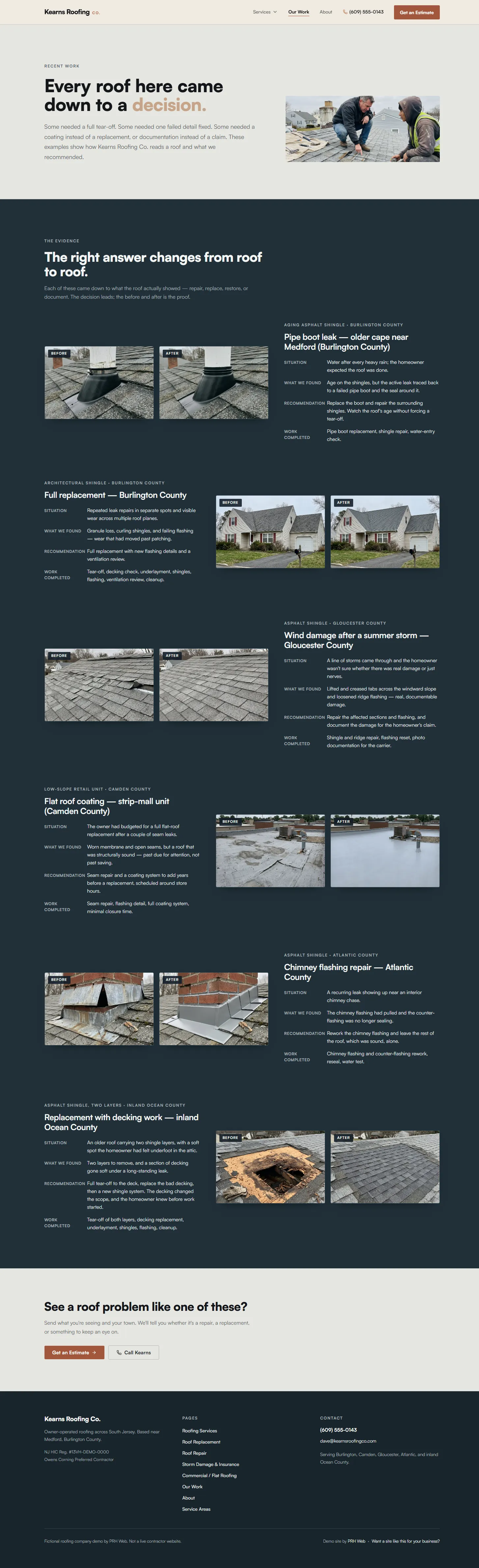 Kearns Our Work page — project proof gallery with location, situation, and repair-or-replace decision per job
