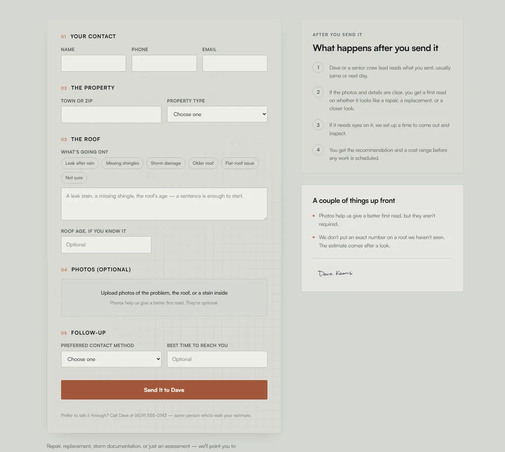 Kearns Request an Estimate page detail — the estimate flow from homeowner question to scheduled assessment
