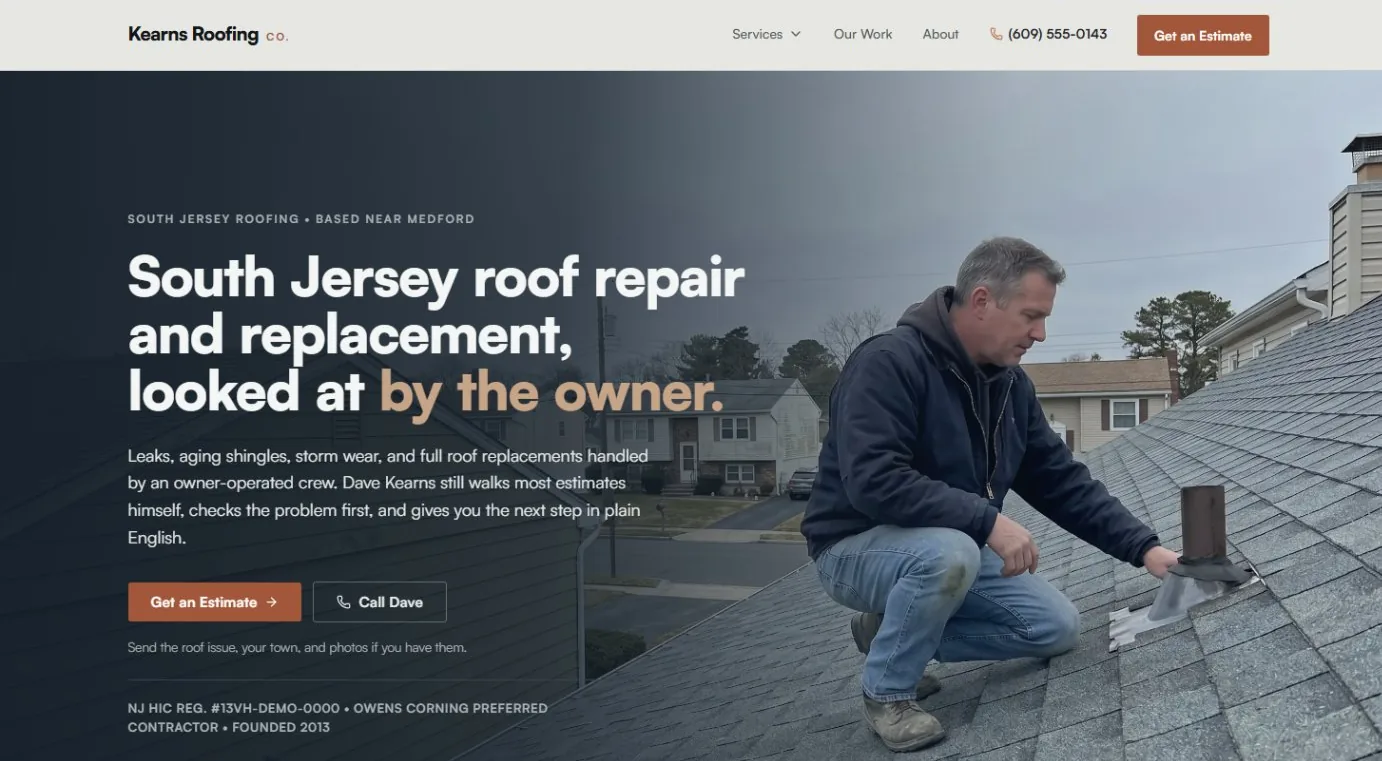 Kearns Roofing Co. home page hero — South Jersey residential roof with owner-operated, weathered-slate brand register